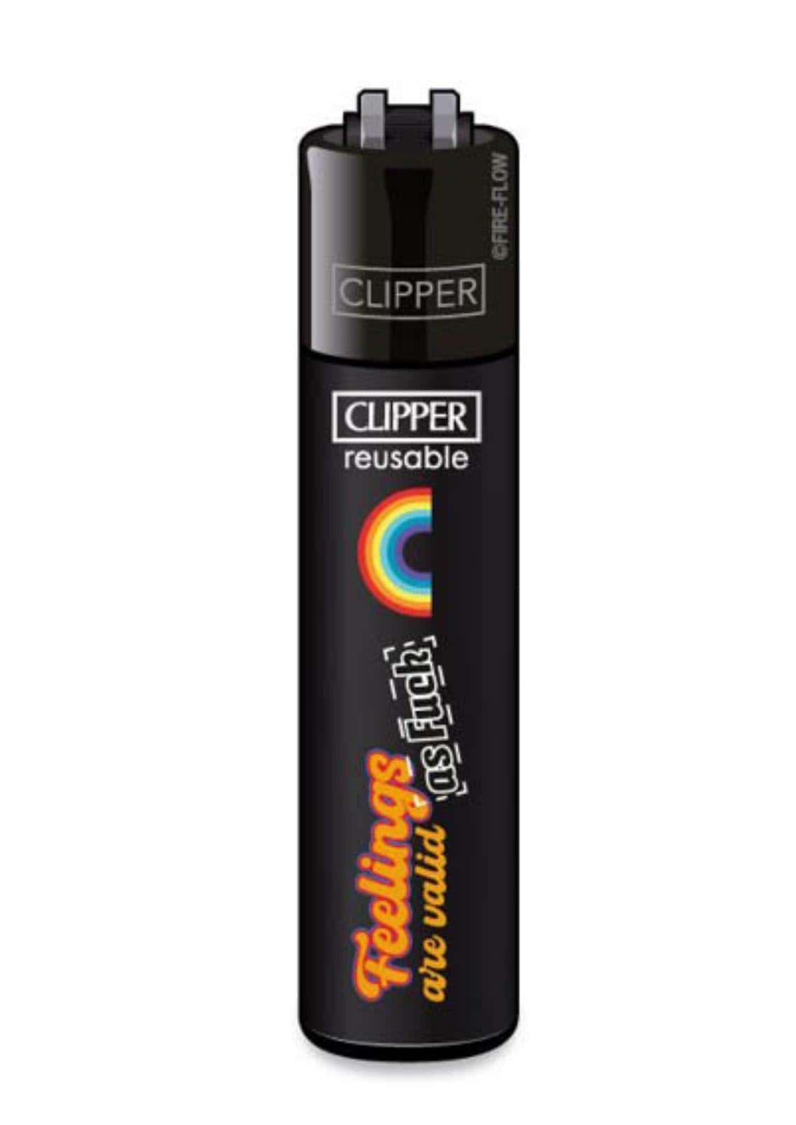 Schwarzes nachfüllbarer clipper feuerzeug mit regenbogendesign und orangefarbener aufschrift feelings are valid as fuck